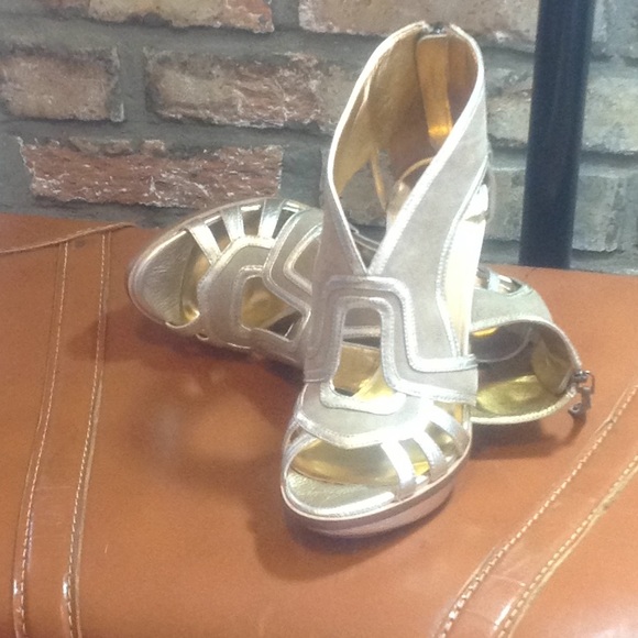 Guess by Marciano Shoes - Guess by Marciano Tan Suede and Gold Dress Sandals